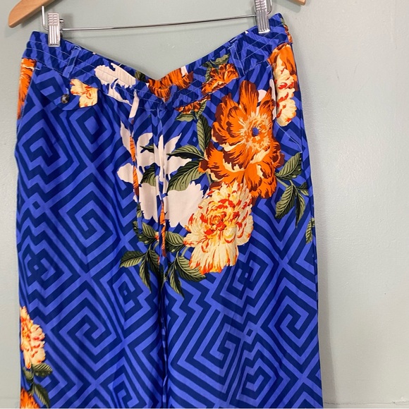 Anthropologie Maeve Straight Leg Pull On Silk Feel Pants Blue Floral Large Tall - Picture 3 of 9